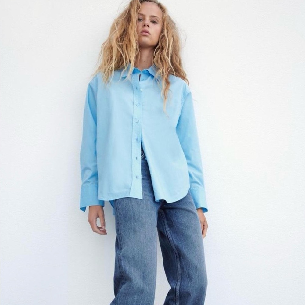 Zara Poplin Blue Button-Up Shirt